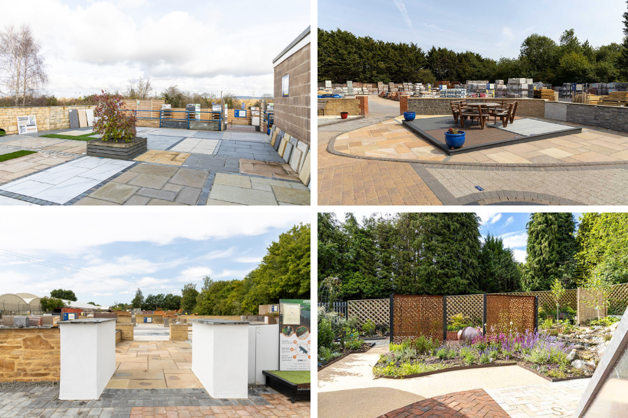 Collage of images of the display gardens at the AWBS branches in Oxford and Swindon and the Feature Garden at Oxford Garden Centre